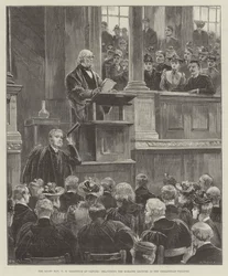 The Right Honorable W E Gladstone Oxfordissa pitämässä Romanes-luennon Sheldonian-teatterissa