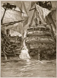 Hyökkäys "Ville de Paris" -rakennukseen, 1782, kuvitus "Cassellin kuvitetusta Englannin historiasta" (seepiakuva)