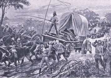 Zulusota: Estowen apujoukot ylittävät puron, huhtikuu 1879, kuvitus teoksesta British Battles on Land and Sea , 1915.