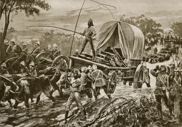 Zulusota: Etshowen apujoukot ylittävät puroa, huhtikuu 1879.
