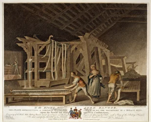Perspektiivikuva kaikista Bleach Millin koneista, Irlannin pellavatehtaan levy IX, 1791