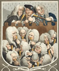 Lääkäreiden konsultaatio eli The Company of Undertakers, esimerkki teoksesta "Hogarth Restored: The Whole Works of the Posted William Hogart, uudelleenkaiverrettu Thomas Cook", pub. 1812 (käsin väri