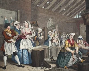 Porton eteneminen, levy lV: kohtaus Bridewellissä, kuvitus teoksesta "Hogarth Restored: The Whole Works of kuuluisan William Hogarthin, uudelleenkaiverrettu Thomas Cook", pub. 1812 (käsinvärinen kaiverrus