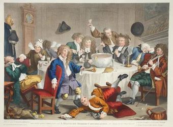 Midnight Modern Conversation, kuvitus teoksesta "Hogarth Restored: The Whole Works of kuuluisan William Hogarthin, uudelleenkaiverrettu Thomas Cook", pub. 1812 (käsinvärinen kaiverrus)