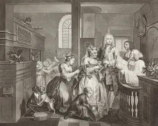 A Rake? S Progress, levy 5: Rake naimisiin vanhan naisen kanssa / The Path of Dissolute, Sheet 5: Tom Rakewell menee naimisiin rikkaan vanhan naisen kanssa). 1735