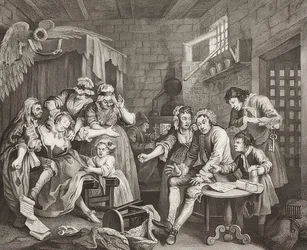 A Rake? S Progress, levy 7: Rake in Prison / The Path of a Verbosome, Sheet 7: Tom Rakewell vankilassa. 1735