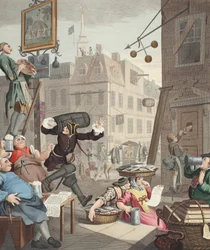 Beer Street, kuvitus julkaisusta "Hogarth Restored: The Whole Works of kuuluisan William Hogarthin, uudelleenkaivertanut Thomas Cook", pub. 1812 (käsinvärinen kaiverrus)