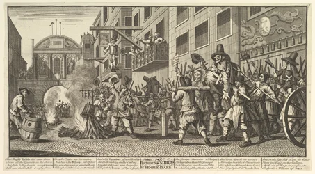 Rumpujen polttaminen Temple Barissa Kaksitoista suurta kuvitusta Samuel Butlerin Hudibrasille..., 1725-68.