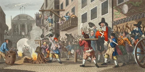 Burning ye Rumps at Temple-Barr, kuvitus julkaisusta "Hogarth Restored: The Whole Works of kuuluisan William Hogarthin, uudelleenkaivertanut Thomas Cook", pub. 1812 (käsinvärinen kaiverrus)