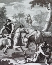 Don Quijote tarttuu parturiin Mambrinon kypärää varten
