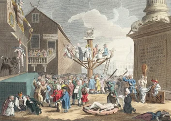 Etelämeren tunnuskuva, kuvitus julkaisusta "Hogarth Restored: The Whole Works of kuuluisan William Hogarthin, uudelleenkaivertanut Thomas Cook", pub. 1812 (käsinvärinen kaiverrus)