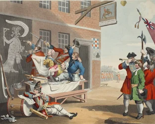 Englanti, kuvitus julkaisusta "Hogarth Restored: The Whole Works of kuuluisan William Hogarthin, uudelleenkaiverrettu Thomas Cook", pub. 1812 (käsinvärinen kaiverrus)