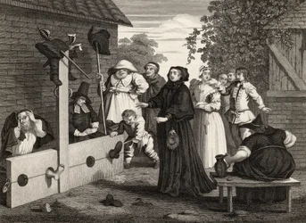 Hudibras ja Ralpho varastoissa, Samuel Butlerin (1612-80) "Hudibrasista", J. Romneyn kaiverrettu, William Hogarthin teoksista, julkaistu 1833