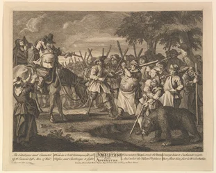 Hudibrassin ensimmäinen seikkailu Kaksitoista suurta kuvitusta Samuel Butlersille Hudibras, Pl..., 1725-68.