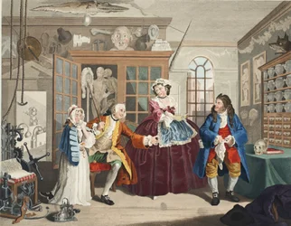 Marriage a la Mode, Levy III, The Inspection, kuvitus teoksesta "Hogarth Restored: The Whole Works of kuuluisan William Hogarthin, uudelleenkaiverrettu Thomas Cook", pub. 1812 (käsinvärinen kaiverrus)