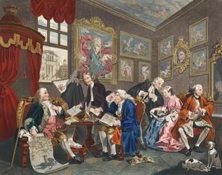 Marriage a la Mode, levy I, The Marriage Settlement, kuvitus teoksesta "Hogarth Restored: The Whole Works of the Familled William Hogarth, re-engraved by Thomas Cook", pub. 1812 (käsinvärjätty kuvitus).
