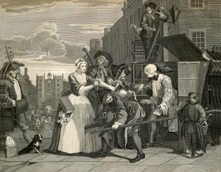 Katukohtauksia Lontoossa, William Hogarth (1697-1764), kaiverrus, Englanti