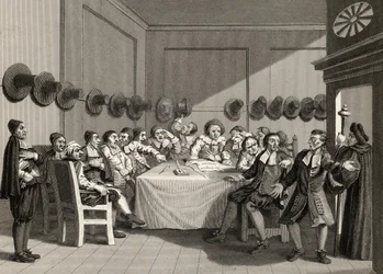 Komitea, Samuel Butlerin (1612-80) "Hudibras"-teoksesta, Charles Mottramin (1807-76) kaiverruksesta "The Works of William Hogarth", julkaistu 1833