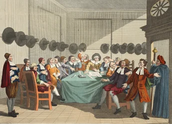 Komitea Samuel Butlerin (1612-80) "Hudibrasista", kuvitus teoksesta "Hogarth Restored: The Whole Works of the kuuluisan William Hogarthin, uudelleenkaiverrettu Thomas Cook", pub. 1812 (käsinvärinen