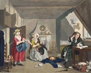 Ahdistunut runoilija, kuvitus teoksesta "Hogarth Restored: The Whole Works of kuuluisan William Hogarthin, uudelleenkaiverrettu Thomas Cook", pub. 1812 (käsinvärinen kaiverrus)