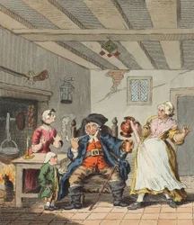 Maanviljelijän paluu, kuvitus teoksesta "Hogarth Restored: The Whole Works of the Familled William Hogarth, re-engraved by Thomas Cook", pub. 1812 (käsin väritetty kaiverrus).
