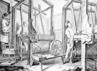 The Fellow Prentices kutomakoneissa, jotka edustavat teollisuutta ja joutilaisuutta, 1747 (pesu, kynä ja muste ja grafiitti paperilla)
