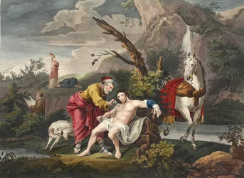Laupias samarialainen, kuvitus teoksesta "Hogarth Restored: The Whole Works of kuuluisan William Hogarthin, uudelleenkaivertanut Thomas Cook", pub. 1812 (käsinvärinen kaiverrus)