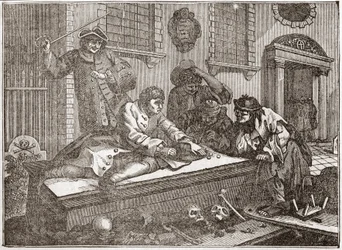 Idle Prerentice leikkimässä kirkon pihalla jumalanpalveluksen aikana - lautanen brittiläisen kuvittajan William Hogarthin (1697-1764) 12 kaiverruksen sarjasta "Teollisuus ja joutilaisuus", "Zele ja laiskuus"", kertomalla kahden a