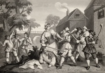 The Knight Submits to Trulla, Samuel Butlerin (1612-80) Hudibrasista, jonka kaiverrus F.F. Walker, teoksesta The Works of William Hogarth, julkaistu 1833