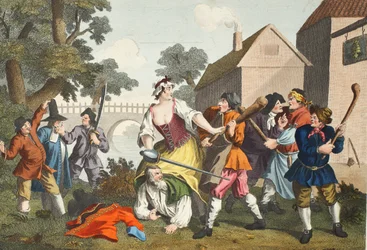 The Knight Submits to Trulla, Samuel Butlerin (1612-80) Hudibrasista, kuvitus teoksesta "Hogarth Restored: The Whole Works of kuuluisan William Hogarthin, uudelleenkaiverrettu Thomas Cook", pub. 1812