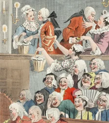 The Laughing Audience, kuvitus teoksesta "Hogarth Restored: The Whole Works of kuuluisan William Hogarthin, uudelleenkaivertanut Thomas Cook", pub. 1812 (käsinvärinen kaiverrus)