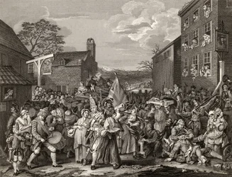 The March to Finchley, kaiverrettu T.E. Nicholson teoksesta The Works of Hogarth, julkaistu 1833