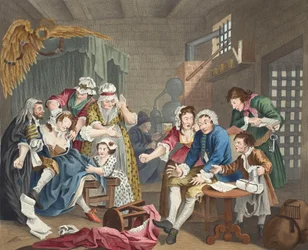 Elostelija vankilassa, taulu VII, sarjasta "Elostelijan tarina", kuvitus teoksesta "Hogarth Restored: kuuluisan William Hogarthin koko tuotanto, Thomas Cookin uudelleen kaivertama", julkaistu 1812 (käsin väritetty kaiverrus)