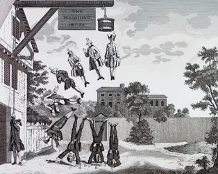 Punnitustalo. (absoluuttinen painovoima), kirjoittanut William Hogarth