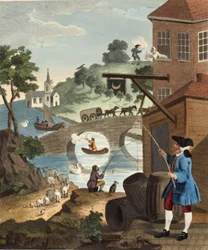 Perspektiivin tuntemisen tärkeys, kuvitus teoksesta "Hogarth Restored: The Whole Works of kuuluisan William Hogarthin, uudelleenkaiverrettu Thomas Cook", pub. 1812 (käsinvärinen kaiverrus)
