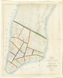 New Yorkin kaupungin kartta [pohjoiseen East 53rd Streetiin asti], 1885 (musta muste, käsin värjätty, paperilla)