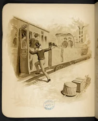 Höyryjunaan nouseminen.  The Holiday Train: kappale "Dulce Domum" ... Kuvittanut W. J. Webb.  Frederick Langbridge  Lontoo, 1891