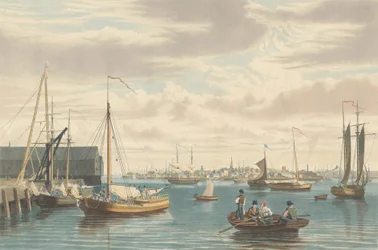 Boston: Laivastotelakan laivarakennuksen West Endistä, julkaistu 1833.
