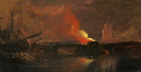 Bristol Riots: The Burning of the Toll-Houses on Prince Street Bridge St Mary Redcliffen kanssa, n. 1831 (öljy paperille)