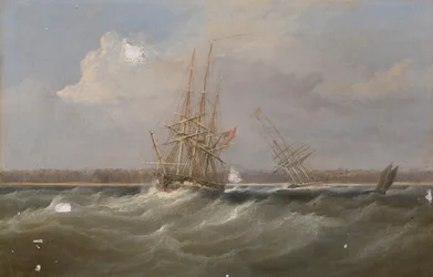 Oopiumklipperi "Sylph" pelastettu luuppi "Clive":n toimesta, noin 1835 (öljymaalaus).