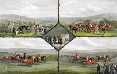 Racing Incidents, kaiverrus Edward Gilbert Hester (n. 1843-1903), julkaissut Arthur Ackermann, 1876 (värillinen akvatinta)