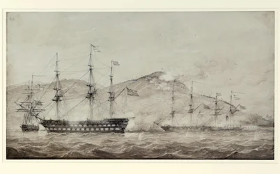 HMS:n alukset "Wellesley", "Columbine" ja "Grisel" Amoyn (Kiina) edustalla vuonna 1841. Lavis