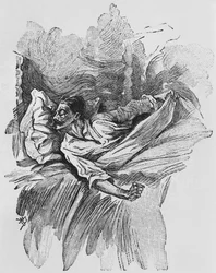 Painajainen, kuvitus Guy de Maupassantin (1850-93) "Le Horlasta" kaivertanut Georges Lemoine, Pariisi, painokset Albin Michel, n. 1910 (puukaiverrus)