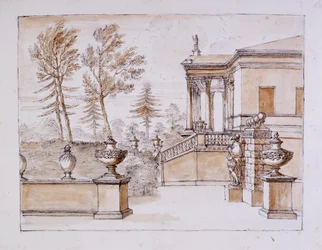 Chiswick, näkymä huvilasta Inigo Jones -patsaan puolella (kynä ja muste ja pesu kynällä paperilla)