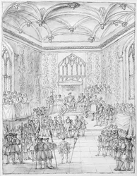 Henry VIII vastaanottaa Ranskan suurlähettilään Montmorencyn Hampton Courtissa