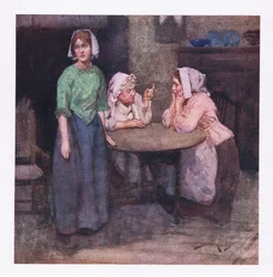 Hän kerran, ehkä kylässä runsaasti siunattuja, on itkenyt tarinoita viattomuudesta ahdistuneena (väri litho)