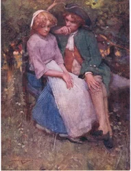 Orapihlajapensas, jossa istuimet varjon alla, iän puhumiseen ja kuiskaukseen ystäville tehty! (väri litho)