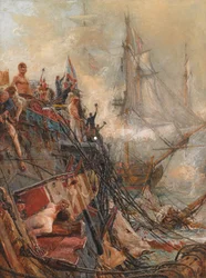 "Rajattu, mutta valloittamaton": H.M.S. "Belleisle" Trafalgarissa, 21. lokakuuta 1805 (öljy kankaalle)