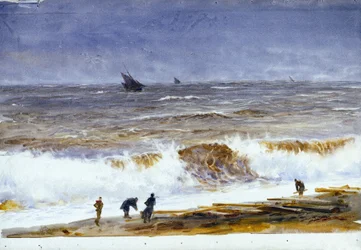 Berck-sur-Merin (Berck-sur-Mer) ranta (Ranska), jossa on myrskyisä meri ja rannalla olevia hahmoja. William Lionel Wyllien (1851-1931) akvarelli vuoden 1890 jälkeen.