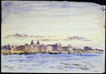 Näkymä Greenwichissä (Englannissa) sijaitsevasta Kuninkaallisesta merisotakoulusta Thamesin rannalla auringonlaskun aikaan, otettu Blackwallilta (vastarannalta). William Lionel Wyllien (1851-1931) akvarelli, 1900-luvun alku.